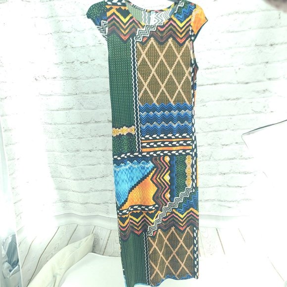 Auditions Womens Multicolor Geo Short Sleeve Round Neck Sheath Dress Sz Small - Picture 1 of 11
